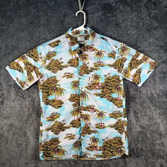Hurley Hawaiian Shirt Men Medium Blue Scenic Palm Tree Flamingo Tailored Fit - Picture 1 of 9